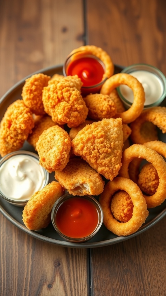 Crispy chicken nuggets and onion rings on a plate with dipping sauces.